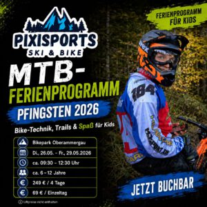 Kinder beim Mountainbike-Fahrtechniktraining im Bikepark – PIXISports Ferienprogramm