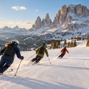Kleine Ski-Coaching-Gruppe auf einer Piste vor dem Panorama der Dolomiten