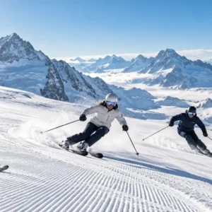 Ski-Coaching auf einem Gletscher mit zwei dynamisch carvenden Skifahrern