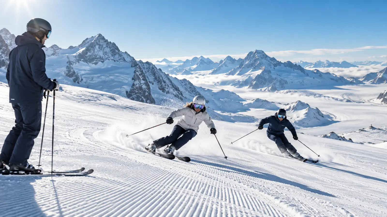 Ski-Coaching auf einem Gletscher mit zwei dynamisch carvenden Skifahrern